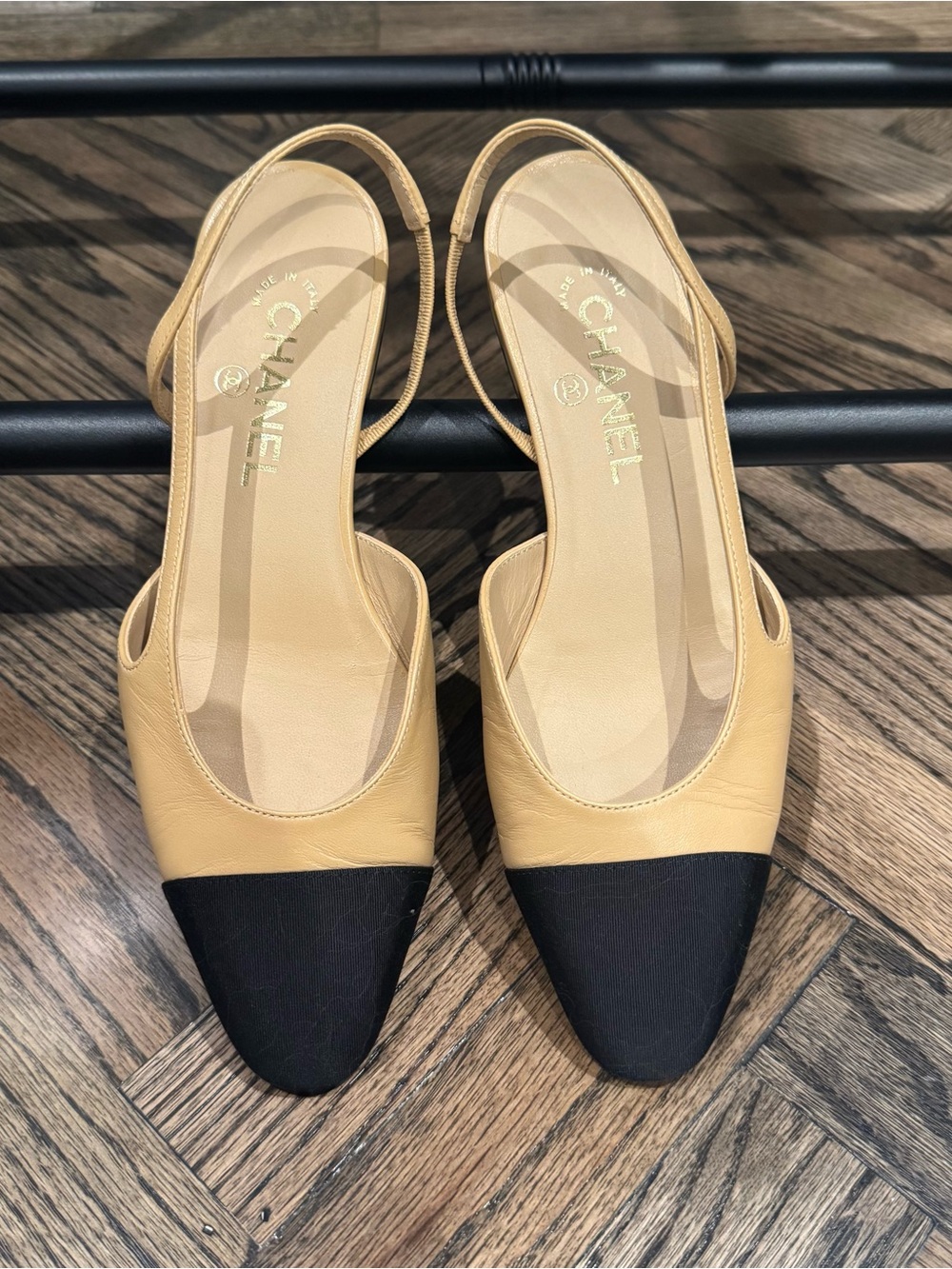 CHANEL Beige and Black Slingback Flats - Picture 1 of 9